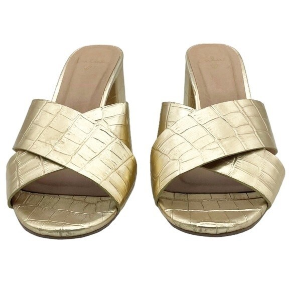 Lulus Ybarra Metallic Gold Croc-Embossed Block Heel Leather Sandals Size 7.5 - Picture 8 of 16